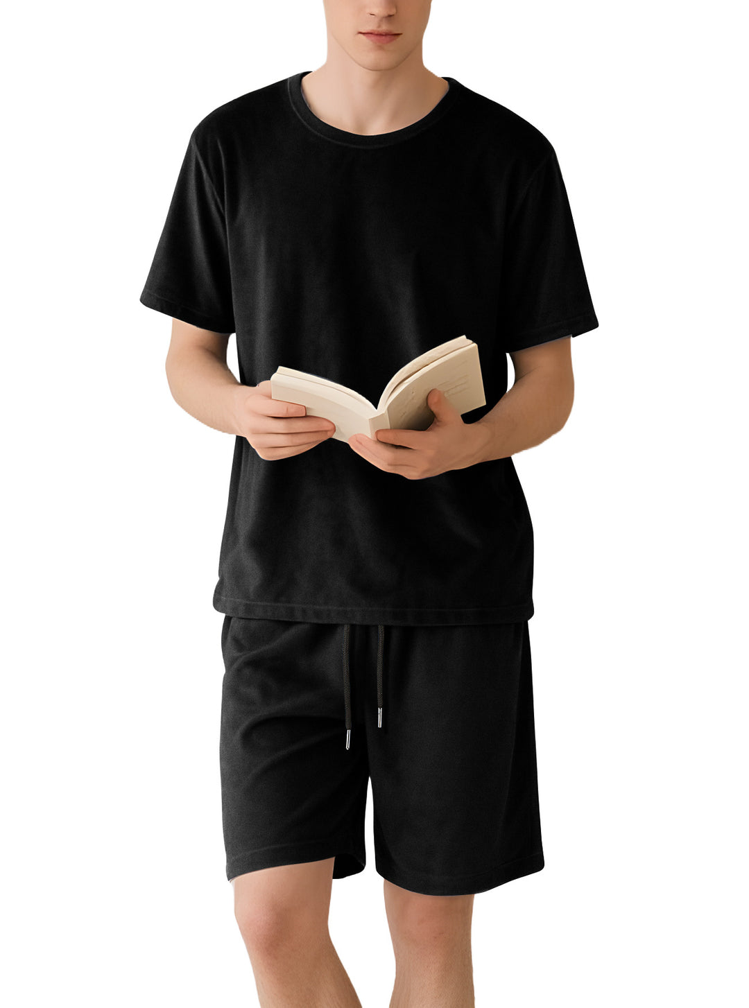 Herren nan Samtvelours Lounge-Set mit Rundhals-Kurzarmshirt und Kordelshorts EB