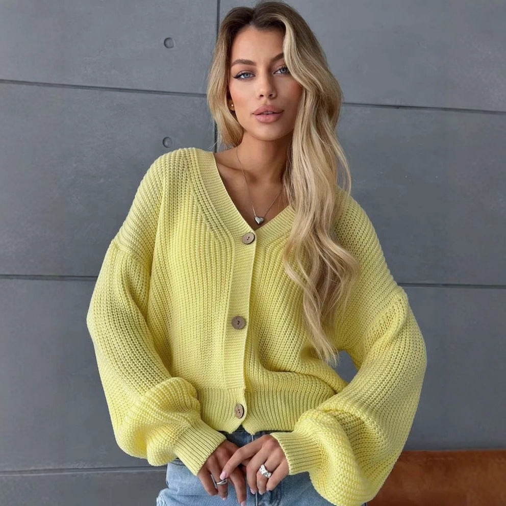 Damen lässiger Strickjacke mit voluminösen Ärmeln und modernen Knopfdetails EB