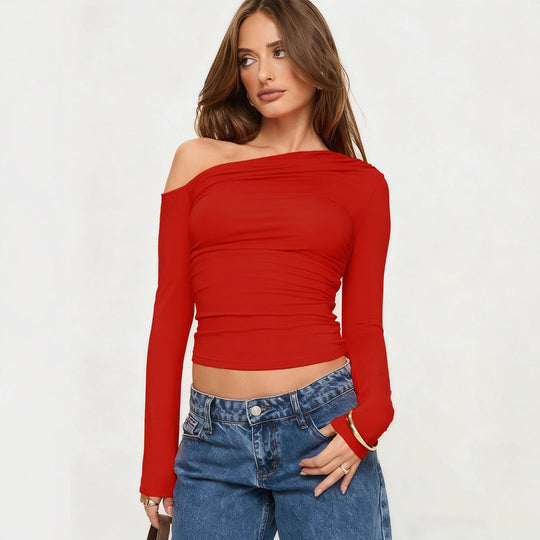 Damen Off-Shoulder Raffungsshirt mit langen Ärmeln und elegantem Design EB
