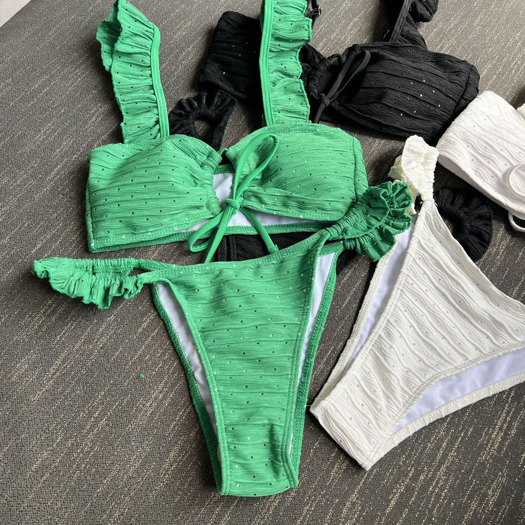 Damen Triangel-Bikini mit Rüschendetails und verspieltem Bindeband EB