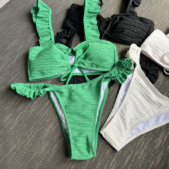 Damen Triangel-Bikini mit Rüschendetails und verspieltem Bindeband EB