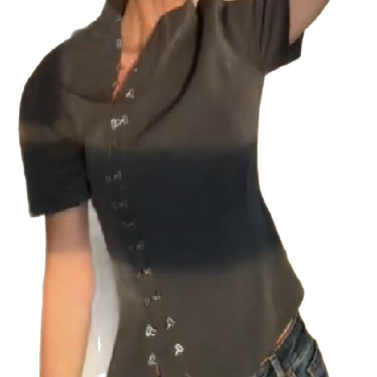 Damen modische Kurzarm-Bluse mit innovativem Schnitt und stylischen Knöpfen EB