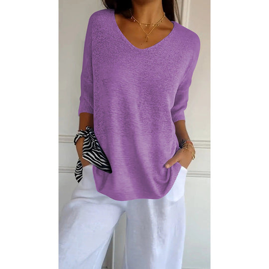 Damen nan locker sitzender V-Ausschnitt Feinstrickpullover mit dreiviertelÄrmeln EB