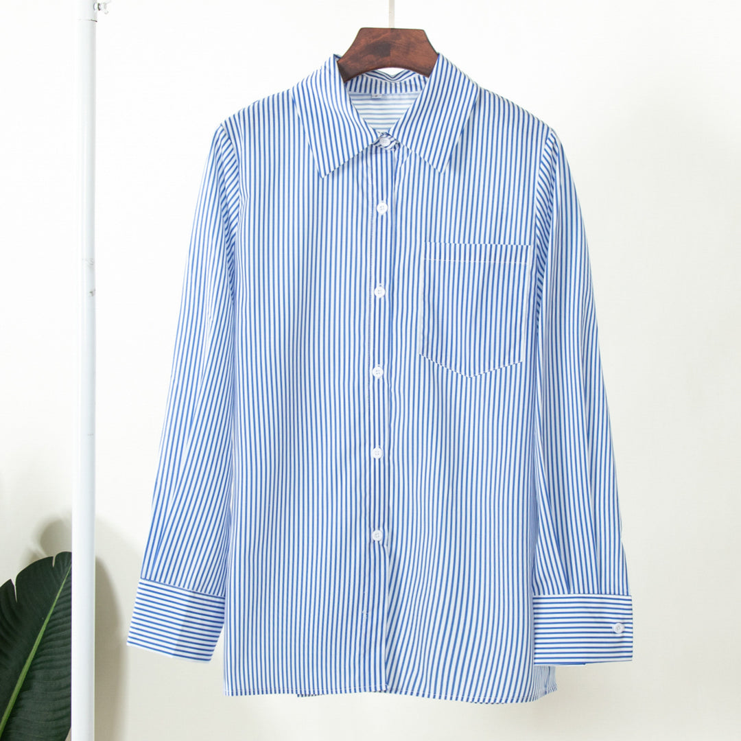 Damen Elegante, gestreifte Bluse mit klassischem Kragen und Taschen EB