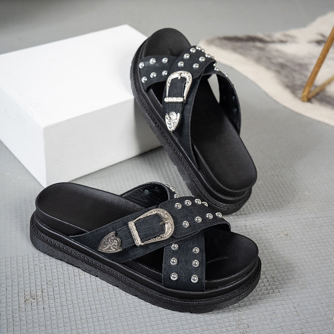 Damen Plateau-Pantoletten aus Denim mit modischen Nieten EB