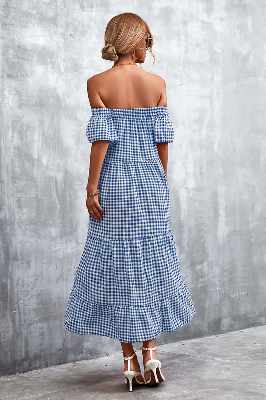 Damen Fließendes Maxikleid mit off-shoulder Design und Rüschensaum EB