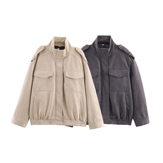 Damen Kunstlederjacke mit praktischen Pattentaschen und modernem Stehkragen EB