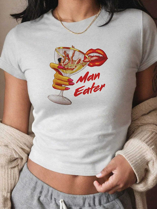 Damen Crop-T-Shirt mit künstlerischem Lippenmotiv und kreativem Druck EB