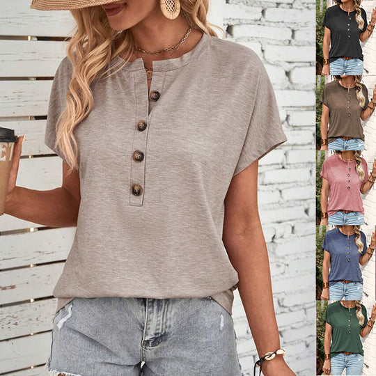 Damen Kurzarm Blusenshirt mit Knopfleiste und legerem Schnitt EB