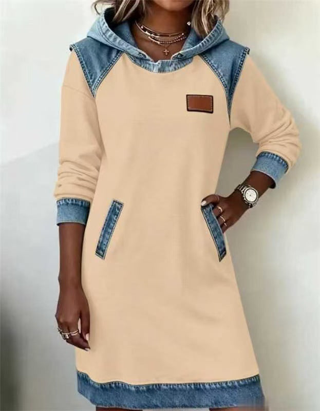 Damen nan Kapuzen-Sweatkleid mit Jeans-Applikationen, Kängurutaschen und lässigem Schnitt EB