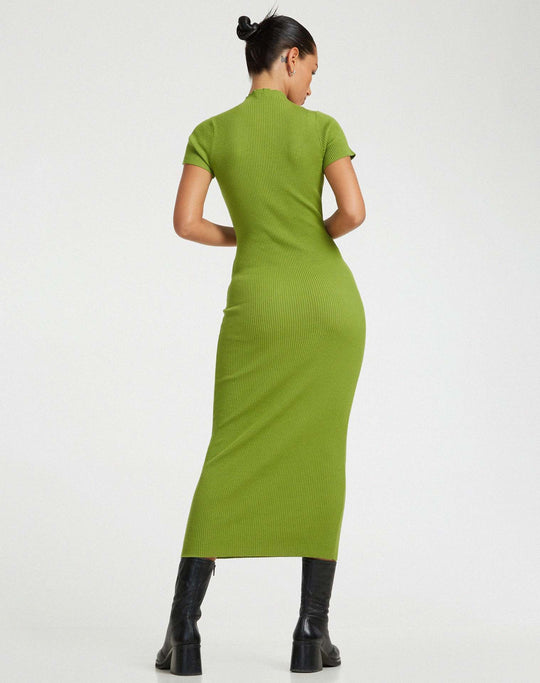 Damen figurbetontes Strickkleid mit asymmetrischem Ausschnitt und hohem Kragen EB