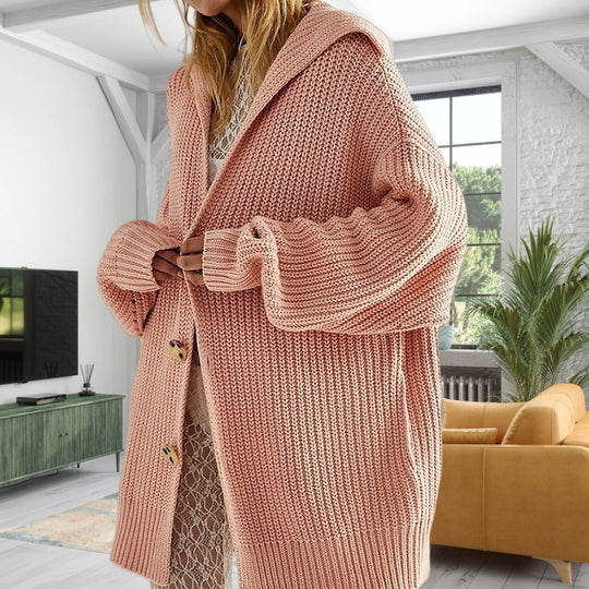 Damen Strickjacke mit Kapuze und großen Taschen EB