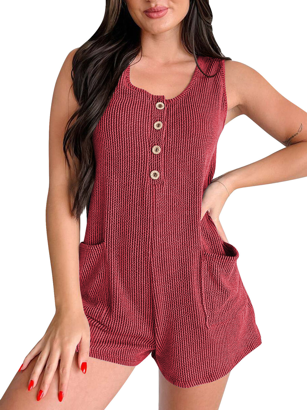 Damen Jumpsuit mit strukturiertem Muster und dekorativen Knöpfen EB