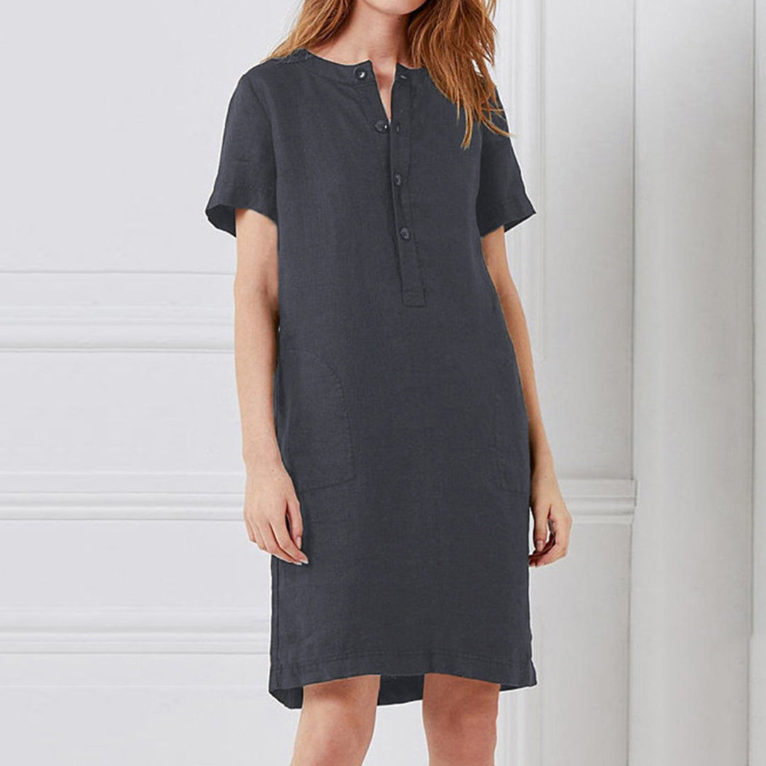Damen lässiges Leinenkleid mit Knopfleiste und praktischen Taschen EB