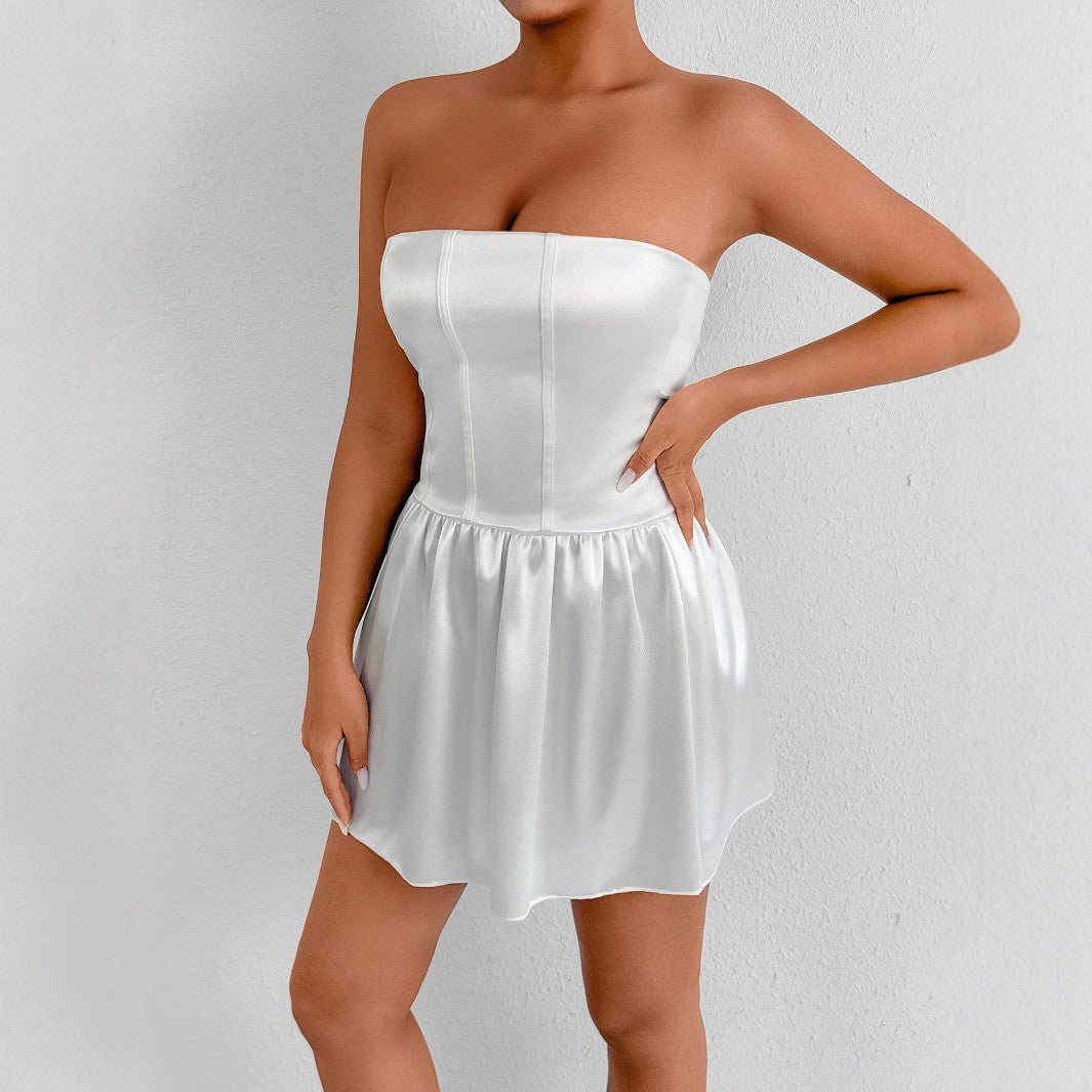 Damen Satin Bustierkleid mit Volant EB