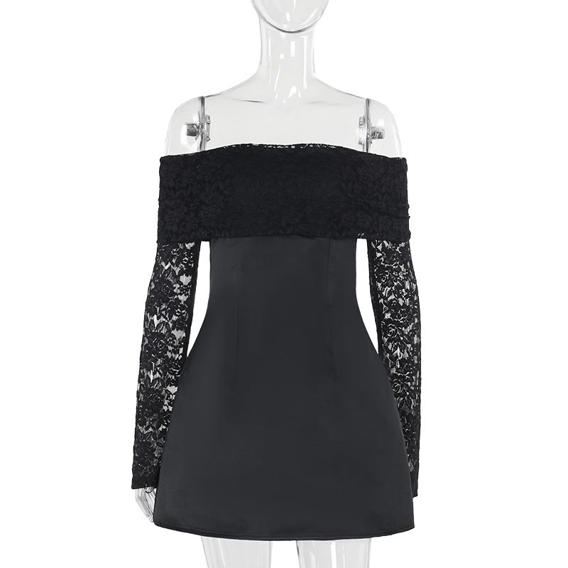 Damen elegantes schulterfreies Minikleid mit Spitzenärmel und schwingendem Rock EB