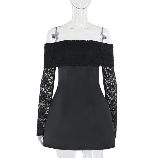 Damen elegantes schulterfreies Minikleid mit Spitzenärmel und schwingendem Rock EB