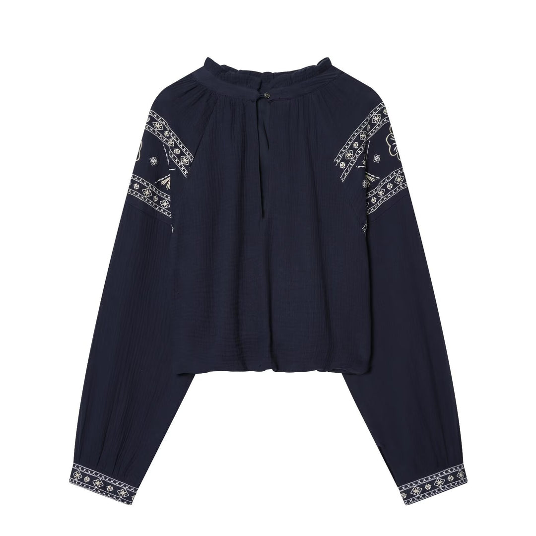 Damen nan bestickte Boho-Bluse mit gerafftem Stehkragen, Ballonärmeln und kurzem Saum EB