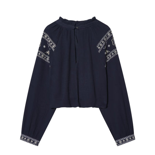 Damen nan bestickte Boho-Bluse mit gerafftem Stehkragen, Ballonärmeln und kurzem Saum EB