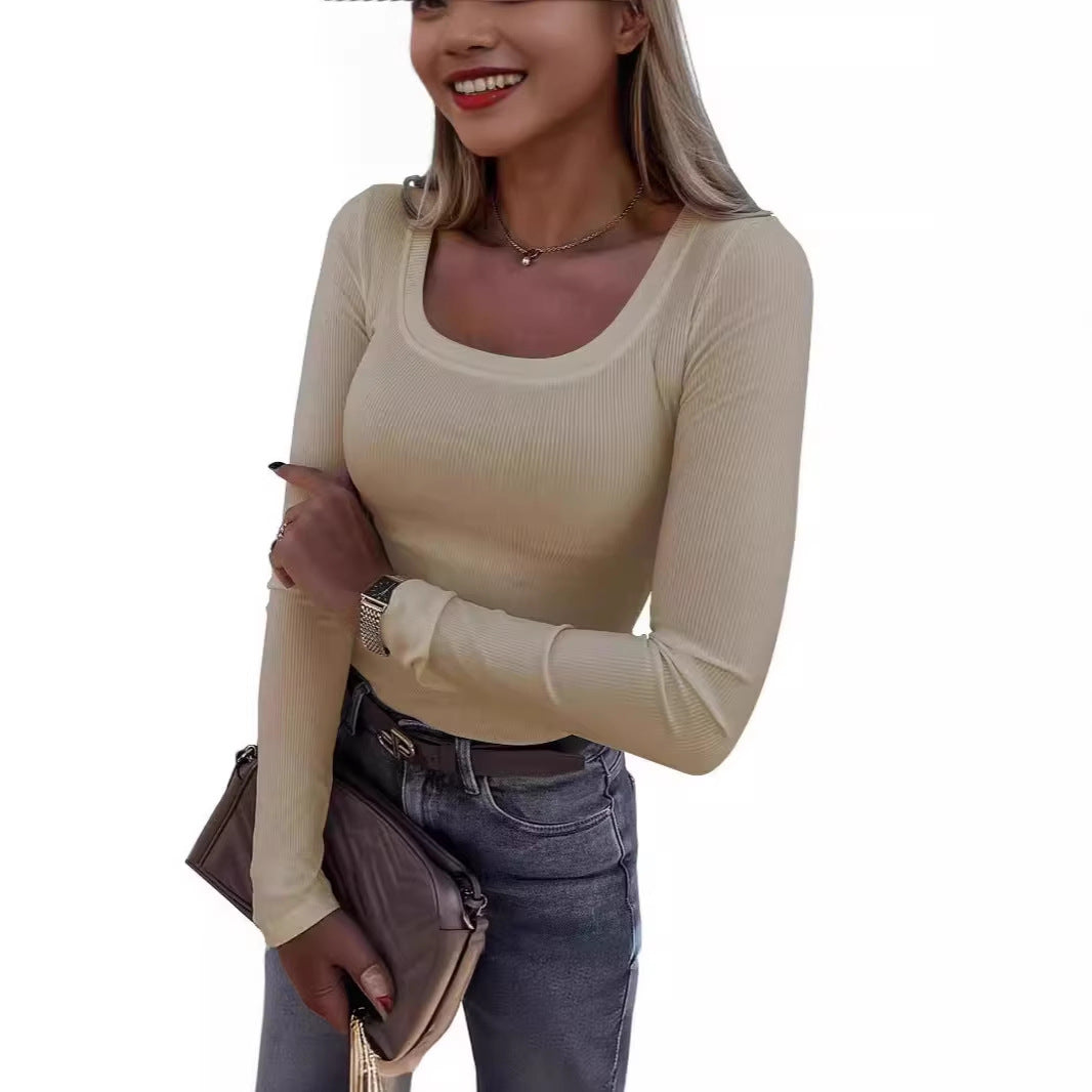 Damen Langarm Ripp-T-Shirt mit elegantem U-Boot-Ausschnitt EB