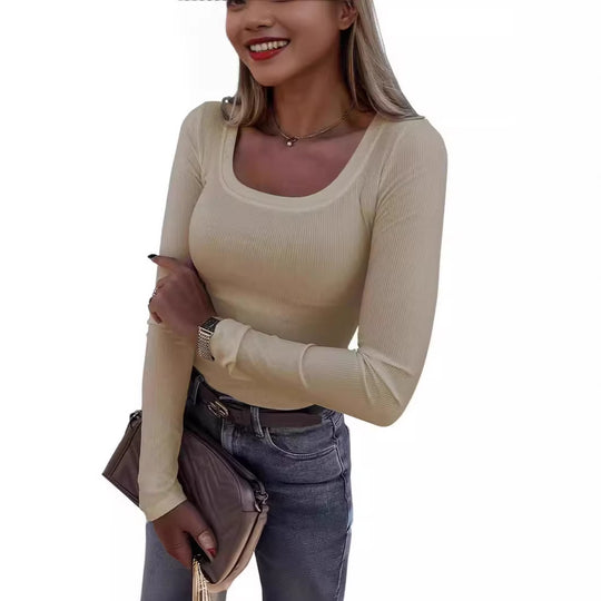 Damen Langarm Ripp-T-Shirt mit elegantem U-Boot-Ausschnitt EB