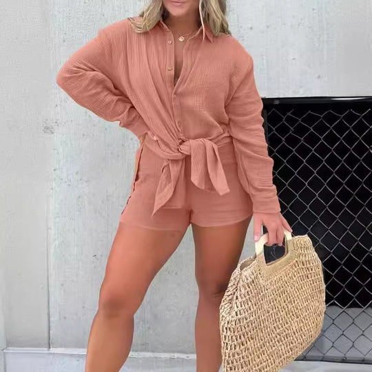 Damen lässiges Krepp-Blusenshirt und Shorts-Set mit taillierbarem Gürtel EB