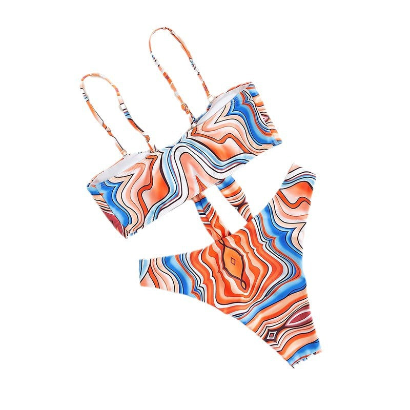 Damen Bandeau-Bikini mit verspieltem Wickeldesign und buntem Muster EB