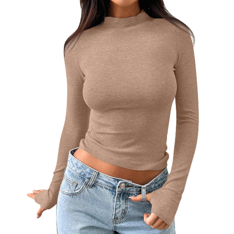 Damen hochwertiges Langarmshirt mit Stehkragen und feiner Rippstruktur EB