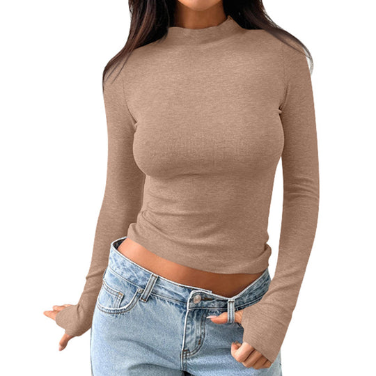 Damen hochwertiges Langarmshirt mit Stehkragen und feiner Rippstruktur EB