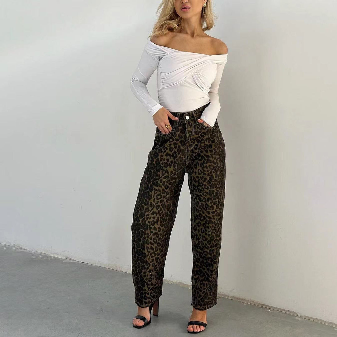 Damen Leo-Print Jeanshose mit hoher Taille und geradem Schnitt EB