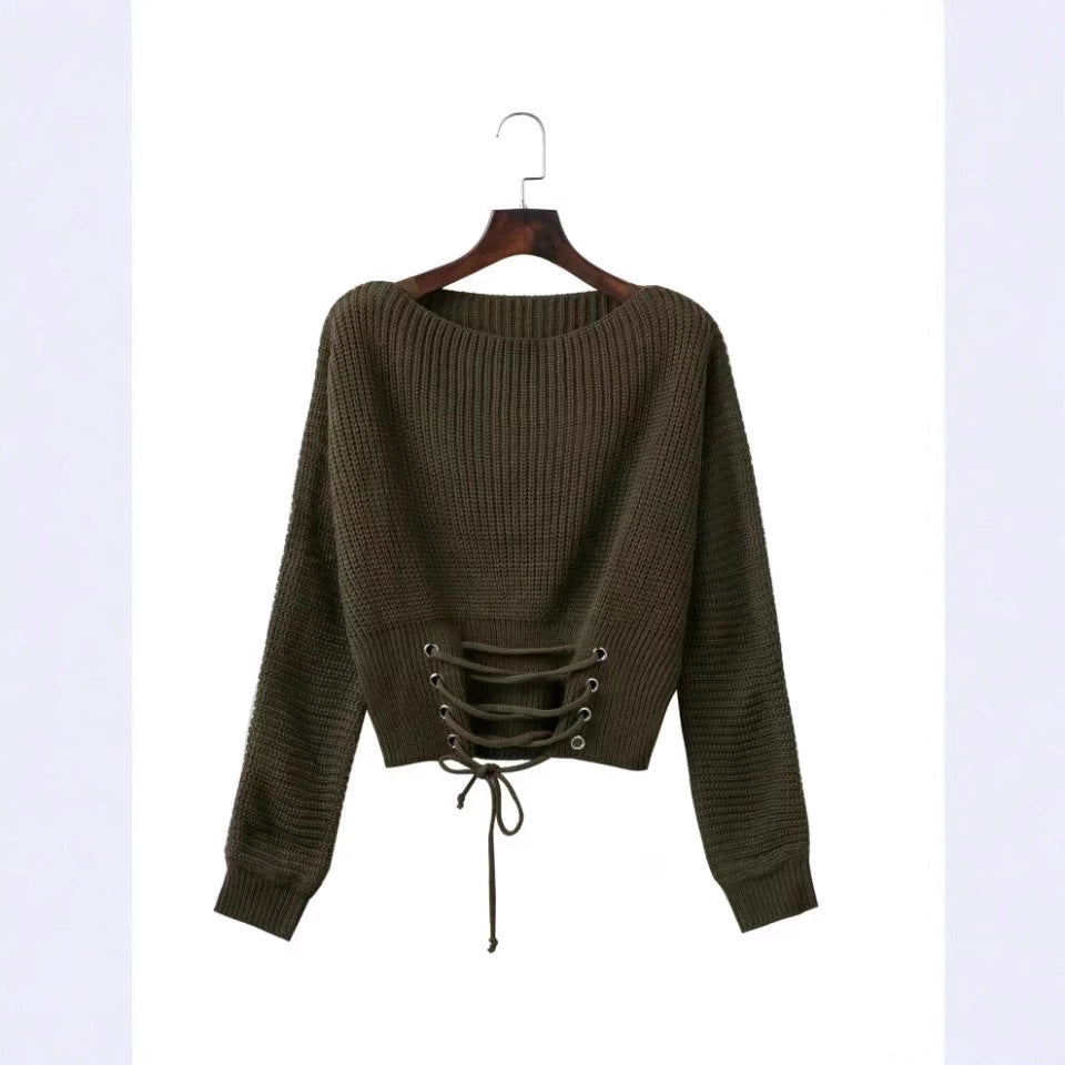 Damen modischer Strickpullover mit tiefem Rückendetail und lässiger Passform EB