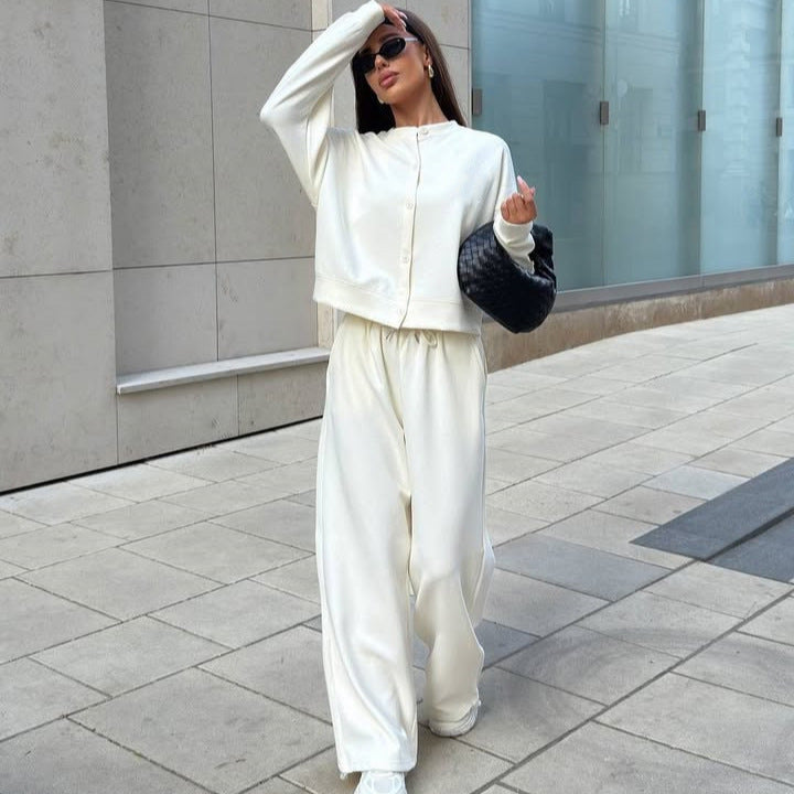 Damen Zweiteiliges Loungewear-Set mit verdeckter Druckknopf-Cardigan und weiten High-Waist Jogpants EB