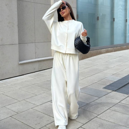Damen Zweiteiliges Loungewear-Set mit verdeckter Druckknopf-Cardigan und weiten High-Waist Jogpants EB