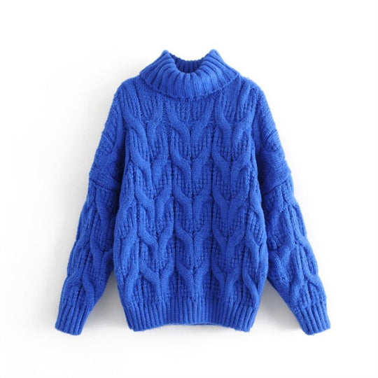 Damen Grobstrickpullover mit hohem Kragen und elegantem Zopfmuster EB