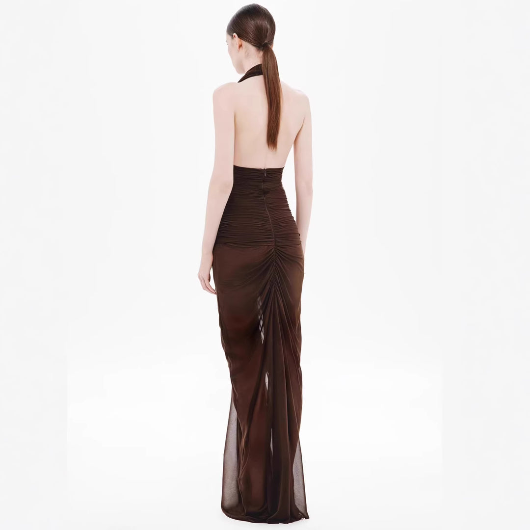 Damen Exquisites gerafftes Maxikleid mit tiefem V-Ausschnitt und eleganten Drapierungen EB