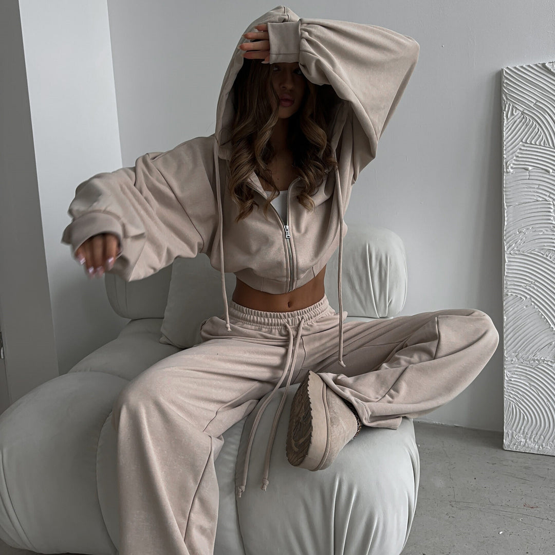 Damen Cropped-Zip-Hoodie und weite High-Waist-Loungehose Zweiteiler EB