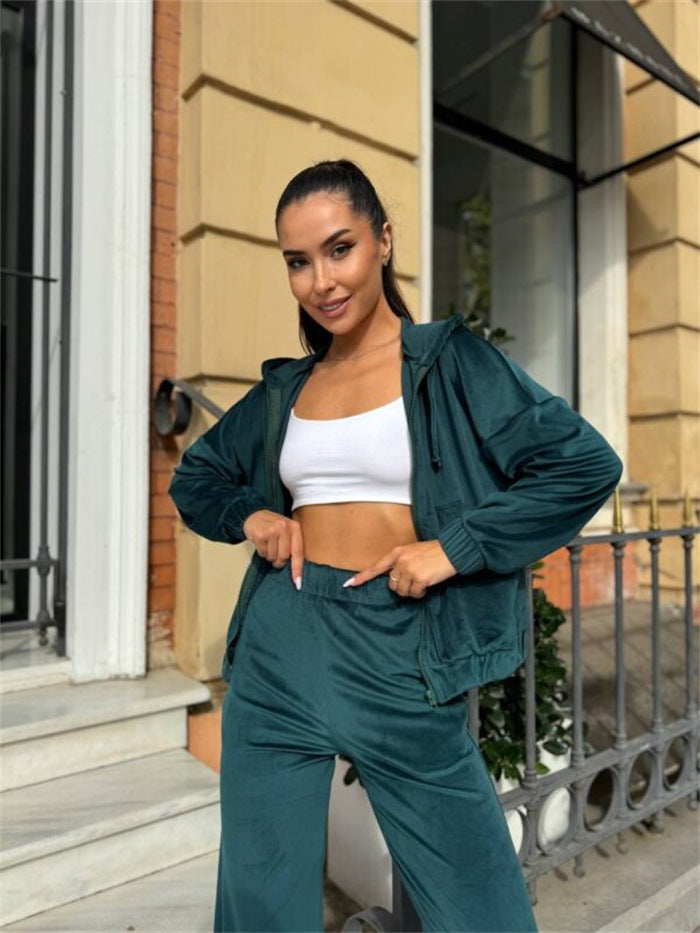 Damen Velours-Zip-Kapuzenjacke mit Marlene-Jogginghose Lounge-Set EB