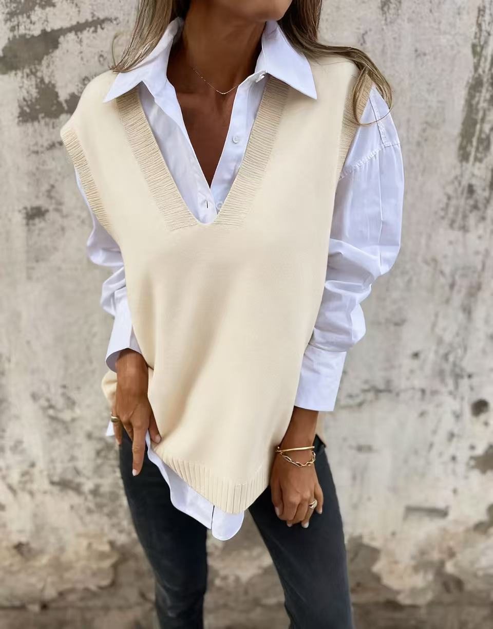 Damen lässiger Strickpullover mit V-Ausschnitt EB
