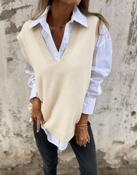 Damen lässiger Strickpullover mit V-Ausschnitt EB