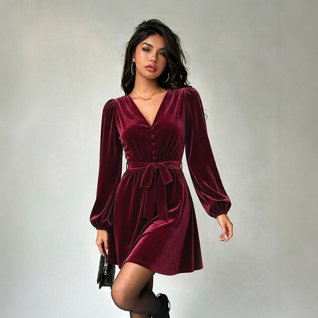 Damen elegantes Samt-Minikleid mit V-Ausschnitt Knopfleiste Ballonärmeln und Taillengürtel Eichborn Berlin