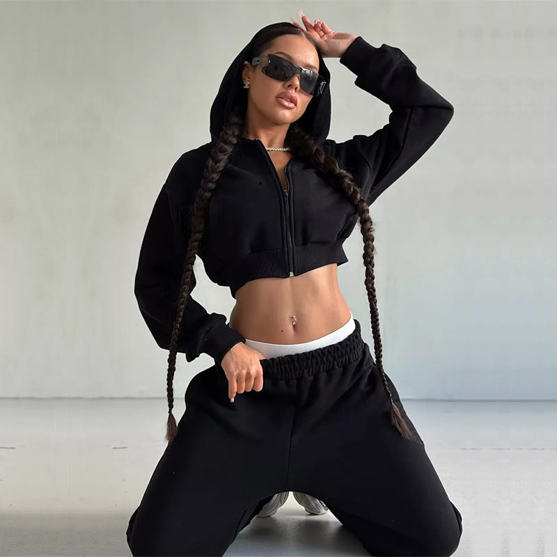 Damen kurzes Zip-Kapuzensweatshirt mit tailliertem Bündchen und weitem High‑Waist French‑Terry Jogginghose Set EB