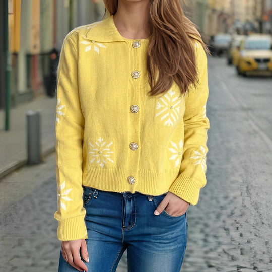 Damen gestrickte Kurzjacke mit winterlichem Schneeflockenmotiv EB