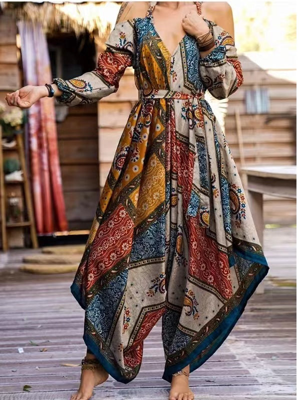 Damen Maxi-Kleid im Boho-Stil mit Cut-Out-Ärmeln und floralen Mustern EB