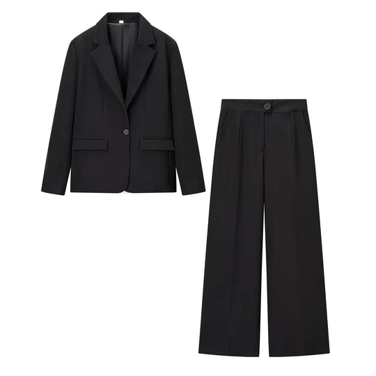Damen elegantes Anzug-Set mit tailliertem Blazer und weit geschnittenen Hosen EB