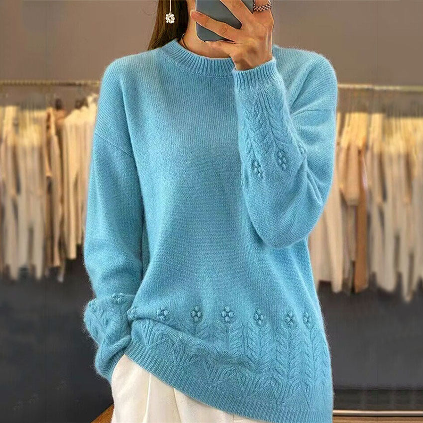 Damen nan kuscheliger Oversize Kaschmir-Mix Pullover mit Zopfmuster und Perlenapplikation EB