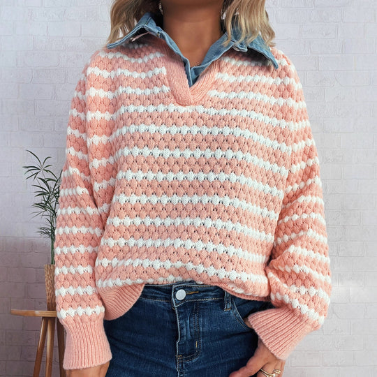 Damen Strickpullover mit tiefem V-Ausschnitt und markantem Streifenmuster EB