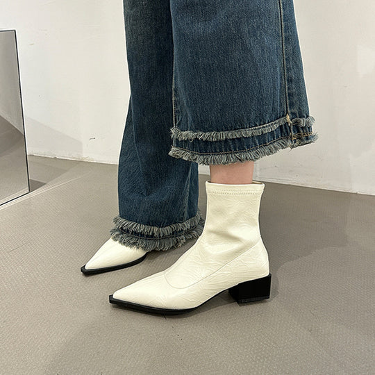 Damen elegante Stiefeletten mit spitzem Zehenbereich und Blockabsatz EB