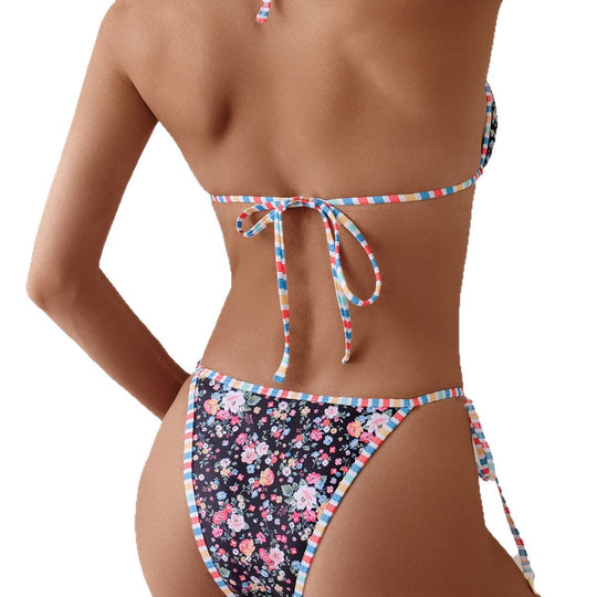 Damen Triangel-Bikini mit verspieltem Blumenmuster und gewagten Bindebändern EB