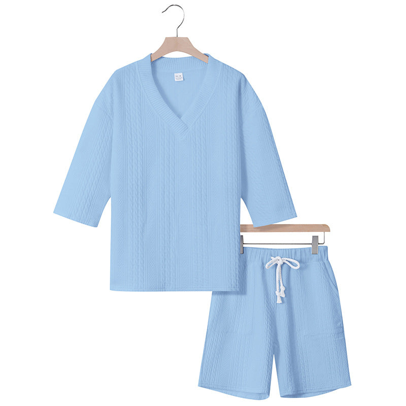 Unisex nan lässiges Lounge-Set mit V-Ausschnitt-Oberteil und Kordelbund-Shorts EB
