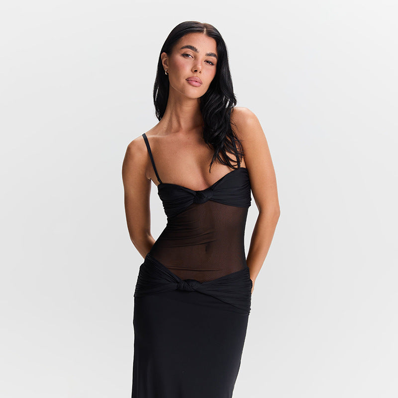 Damen Maxikleid mit tiefem V-Ausschnitt und raffinierten Knoten-Details EB